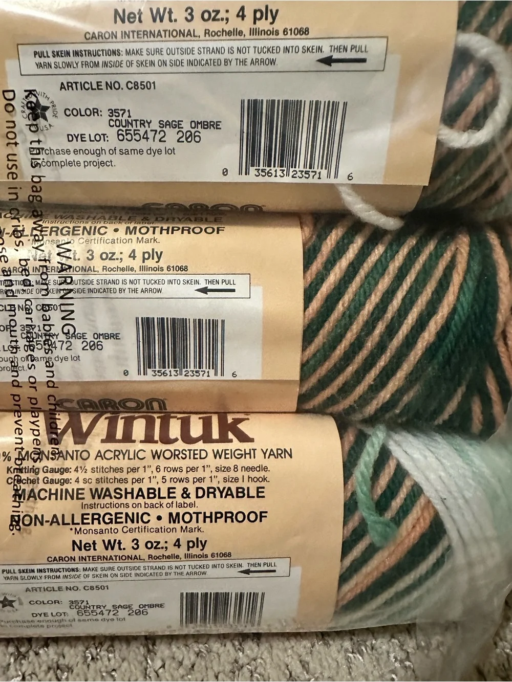 Caron Wintuk Acrylic Worsted Weight Yarn - Country Sage Ombre, 3 Skeins Same Dye